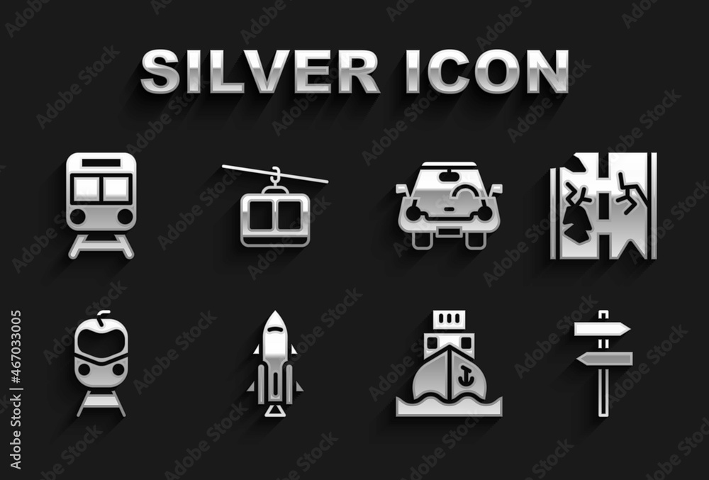 Set Rocket ship with fire, Broken road, Road traffic signpost, Cargo, Train and railway, and Cable car icon. Vector Set Rocket ship with fire, Broken road, Road traffic signpost, Cargo, Train and railway, and Cable car icon. Vector