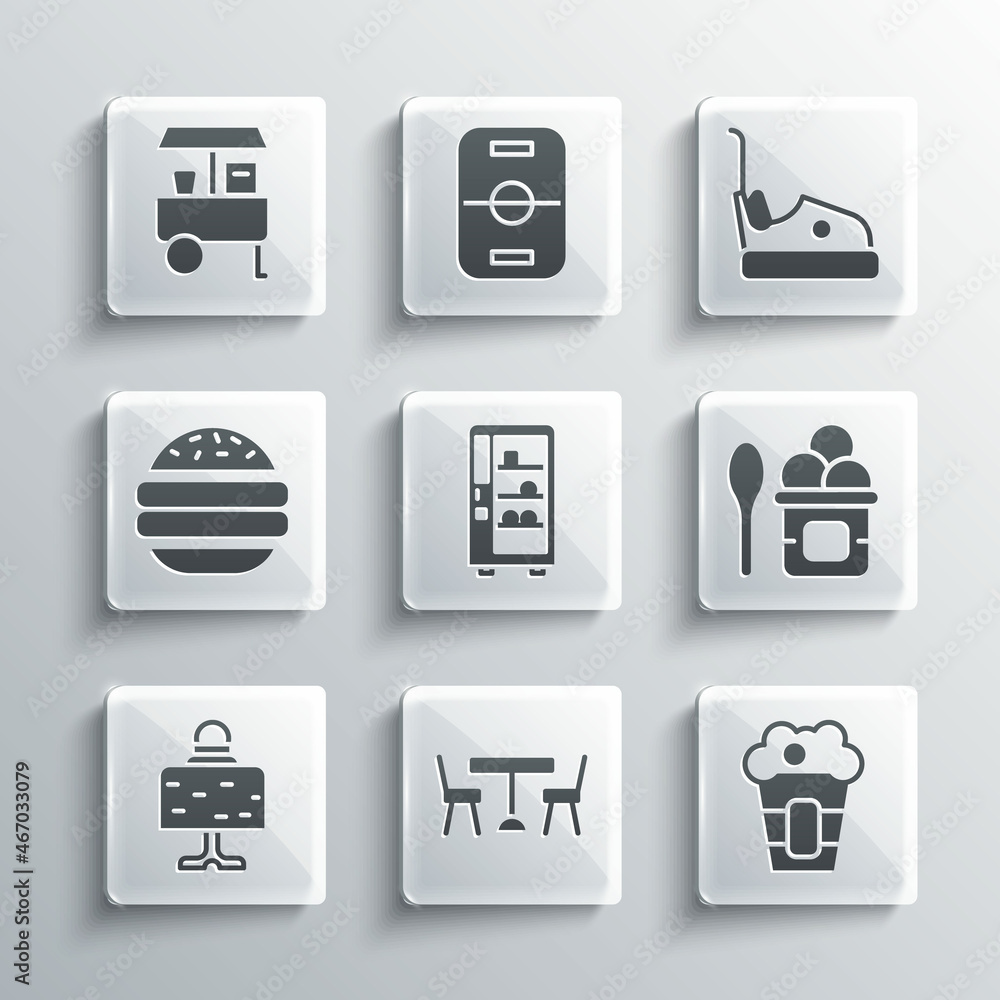 Set Picnic table with chairs, Popcorn in box, Ice cream bowl, Vending machine, Magic ball on, Burger, Fast street food cart and Bumper icon. Vector Set Picnic table with chairs, Popcorn in box, Ice cream bowl, Vending machine, Magic ball on, Burger, Fast street food cart and Bumper icon. Vector