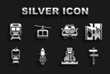 Set Rocket ship with fire, Broken road, Road traffic signpost, Cargo, Train and railway, and Cable car icon. Vector