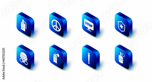 Set Peace, Protest, Police badge, Hand grenade, rubber baton, Paint spray can, Gas mask and icon. Vector