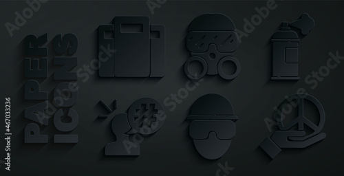 Set Special forces soldier, Paint spray can, Protest, Peace, Gas mask and Police assault shield icon. Vector