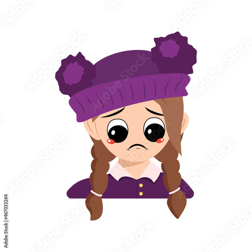 Avatar of girl with crying and tears emotion, sad face, depressive eyes in purple hat with pompom. Head of child with melancholy expression