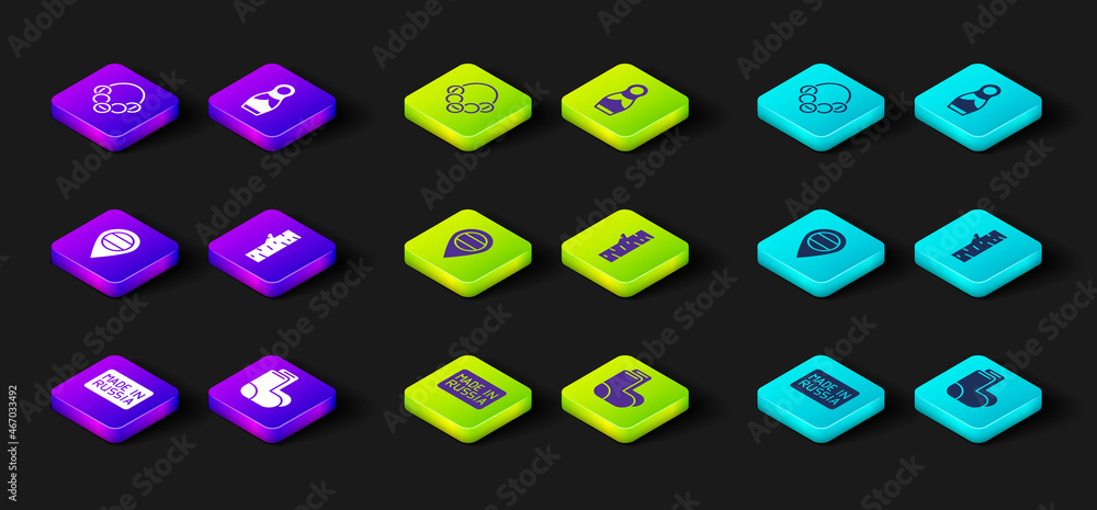 Set Made in Russia, Valenki, Location, Birch tree, Russian doll matryoshka and bagels icon. Vector Set Made in Russia, Valenki, Location, Birch tree, Russian doll matryoshka and bagels icon. Vector