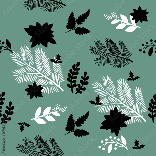 Pretty Greenery Seamless Pattern Vector with Red Poinsettia and Holly Berries