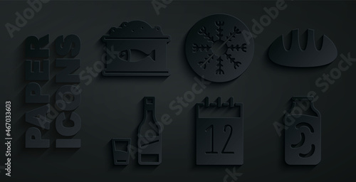 Set Calendar 12 june, Bread loaf, Bottle of vodka with glass, Pickled cucumbers in jar, Snowflake and Tin can caviar icon. Vector