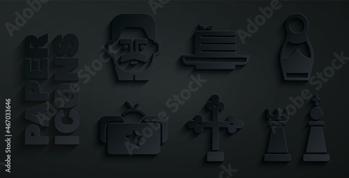Set Christian cross, Russian doll matryoshka, Ushanka, Chess, Medovik and Joseph Stalin icon. Vector