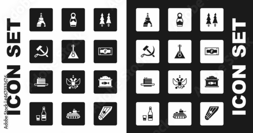 Set Christmas tree, Balalaika, Hammer and sickle USSR, The Tsar bell, Russian ruble banknote, doll matryoshka, Tin can with caviar and Medovik icon. Vector