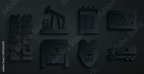 Set Bear head, Made in Russia, Ushanka, Tanker truck, Calendar 12 june and Oil pump or pump jack icon. Vector