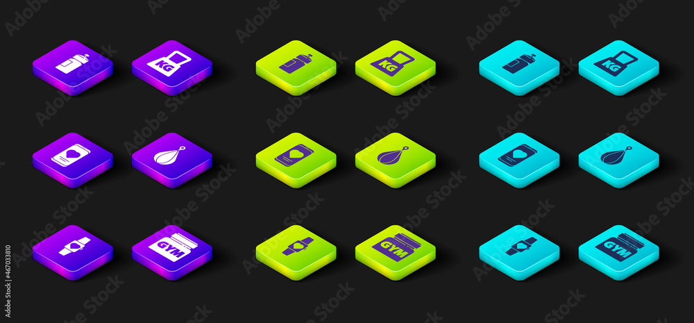 Set Smartwatch, Sports nutrition, Mobile with heart rate, Punching bag, Weight and Fitness shaker icon. Vector Set Smartwatch, Sports nutrition, Mobile with heart rate, Punching bag, Weight and Fitness shaker icon. Vector