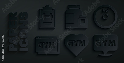 Set Fitness gym heart, Weight plate, Online fitness and training, Location, Sports nutrition and program icon. Vector