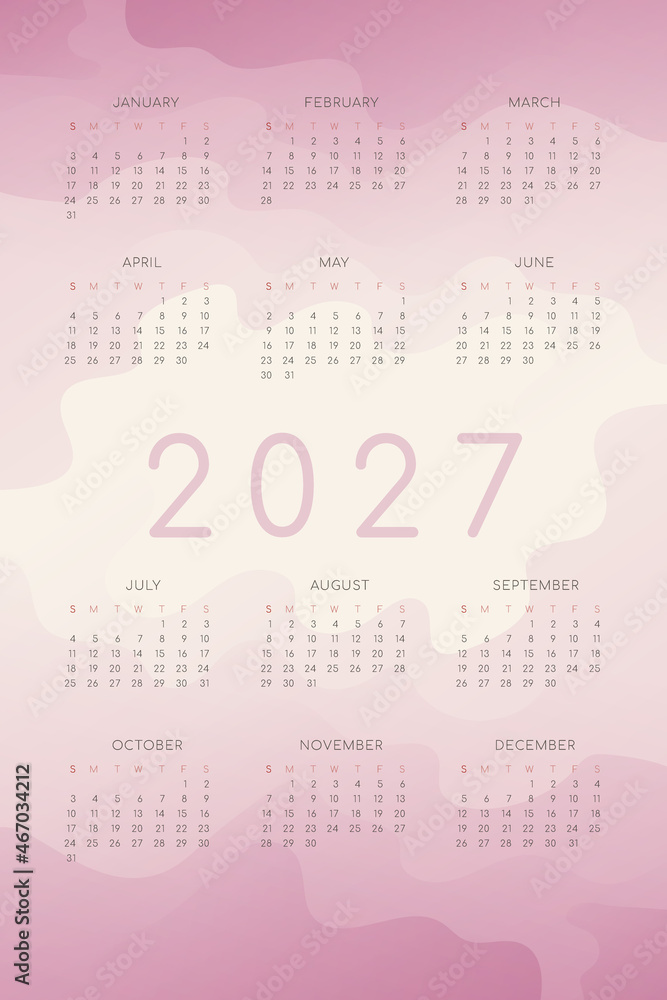 2027 calendar with rose pink  gradient fluid wave shapes
