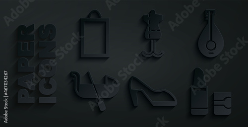 Set Woman shoe, Mandolin, Gondola, Lipstick, Mannequin and Picture icon. Vector