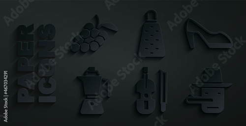 Set Violin, Woman shoe, Coffee moca pot, Pinocchio, Grater and Grape fruit icon. Vector