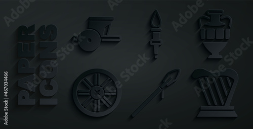 Set Medieval spear, Ancient amphorae, Old wooden wheel, Harp, Torch flame and chariot icon. Vector