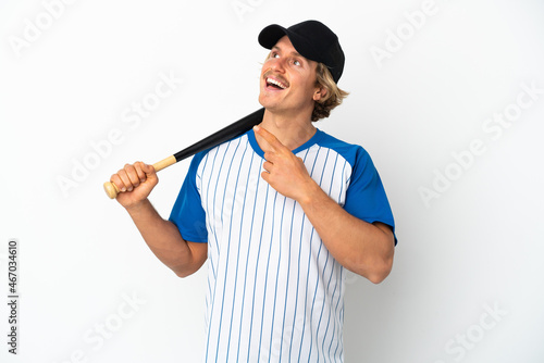 Young blonde man playing baseball isolated on white background intending to realizes the solution while lifting a finger up