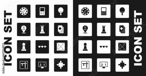 Set Racket, Chess, Twister game, Playing cards, Tetris, Rubik cube and icon. Vector