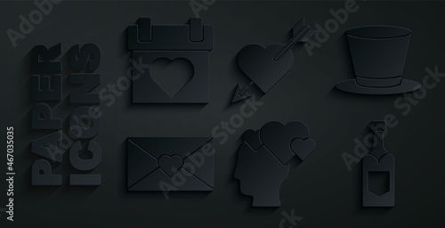 Set Head with heart, Cylinder hat, Envelope Valentine, Champagne bottle, Amour and arrow and Calendar icon. Vector