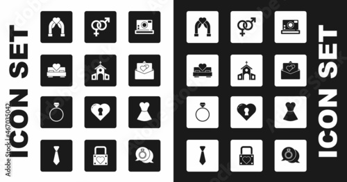Set Photo camera, Church building, Bedroom, Wedding arch, Greeting card, Gender, Woman dress and Diamond engagement ring icon. Vector