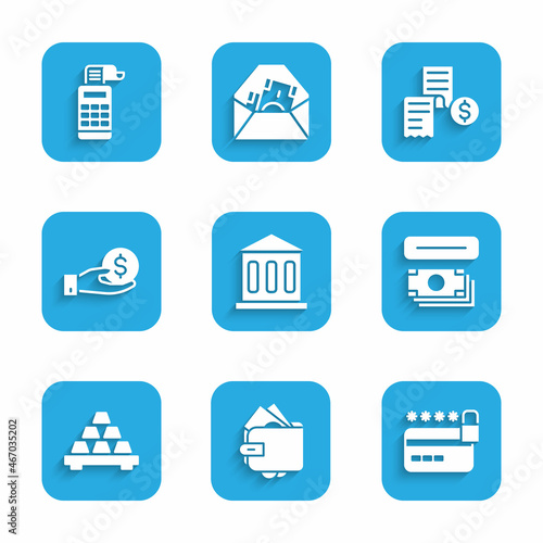 Set Bank building, Wallet with money, Credit card lock, ATM and, Gold bars, Hand giving, Paper or financial check and Cash register machine icon. Vector