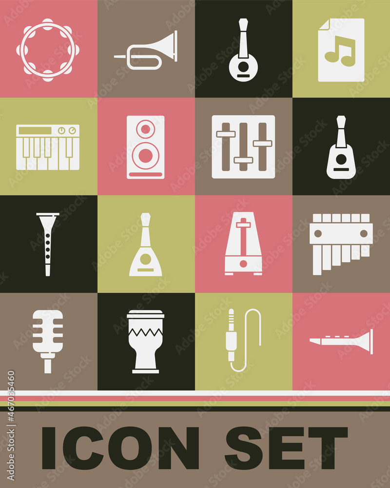 Set Clarinet, Pan flute, Guitar, Banjo, Stereo speaker, Music synthesizer, Tambourine and Sound mixer controller icon. Vector Set Clarinet, Pan flute, Guitar, Banjo, Stereo speaker, Music synthesizer, Tambourine and Sound mixer controller icon. Vector