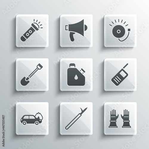 Set Metal pike pole, Firefighter gloves, Walkie talkie, Canister fuel, Burning car, shovel, Flashlight and Ringing alarm bell icon. Vector