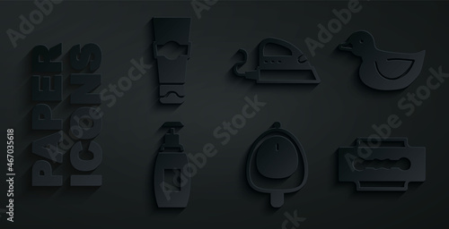 Set Toilet urinal or pissoir, Rubber duck, Bottle of liquid soap, Blade razor, Electric iron and Tube toothpaste icon. Vector