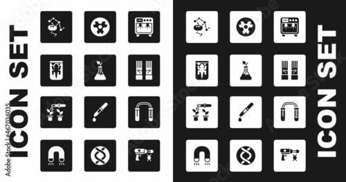 Set Biosafety box, Plant breeding, Experimental animal, Genetically modified food, Medical rubber gloves, Biohazard symbol, Test tube and flask and Pipette plant icon. Vector