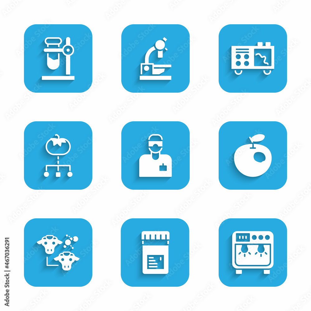 Set Laboratory assistant, Jar with additives, Biosafety box, Genetically modified apple, Cloning, food, Spectrometer and Test tube flask stand icon. Vector Set Laboratory assistant, Jar with additives, Biosafety box, Genetically modified apple, Cloning, food, Spectrometer and Test tube flask stand icon. Vector
