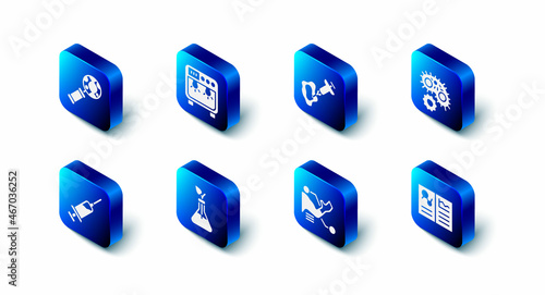 Set Biosafety box, Syringe, Virus, Clinical record, Prosthesis hand, Plant breeding, and DNA research, search icon. Vector