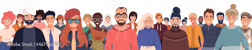 Group man and woman of different nationality and ages isolated. Portrait of diverse people standing together vector flat illustration. United of various generations. Social diversity or population