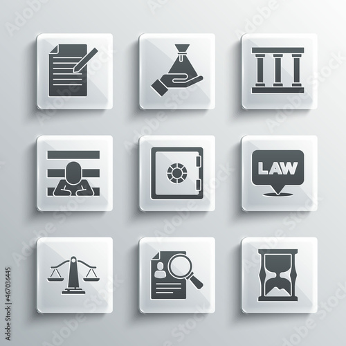 Set Paper analysis magnifying, Old hourglass, Location law, Safe, Scales of justice, Prisoner, Document and pen and window icon. Vector