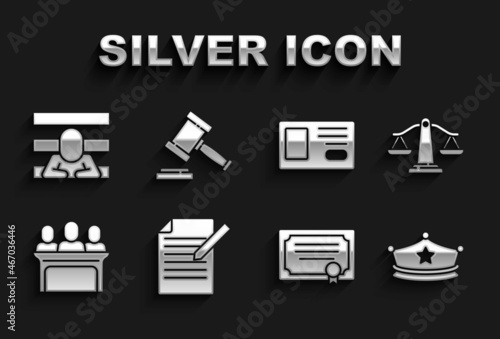 Set Document and pen, Scales of justice, Police cap with cockade, Certificate template, Jurors, Identification badge, Prisoner and Judge gavel icon. Vector