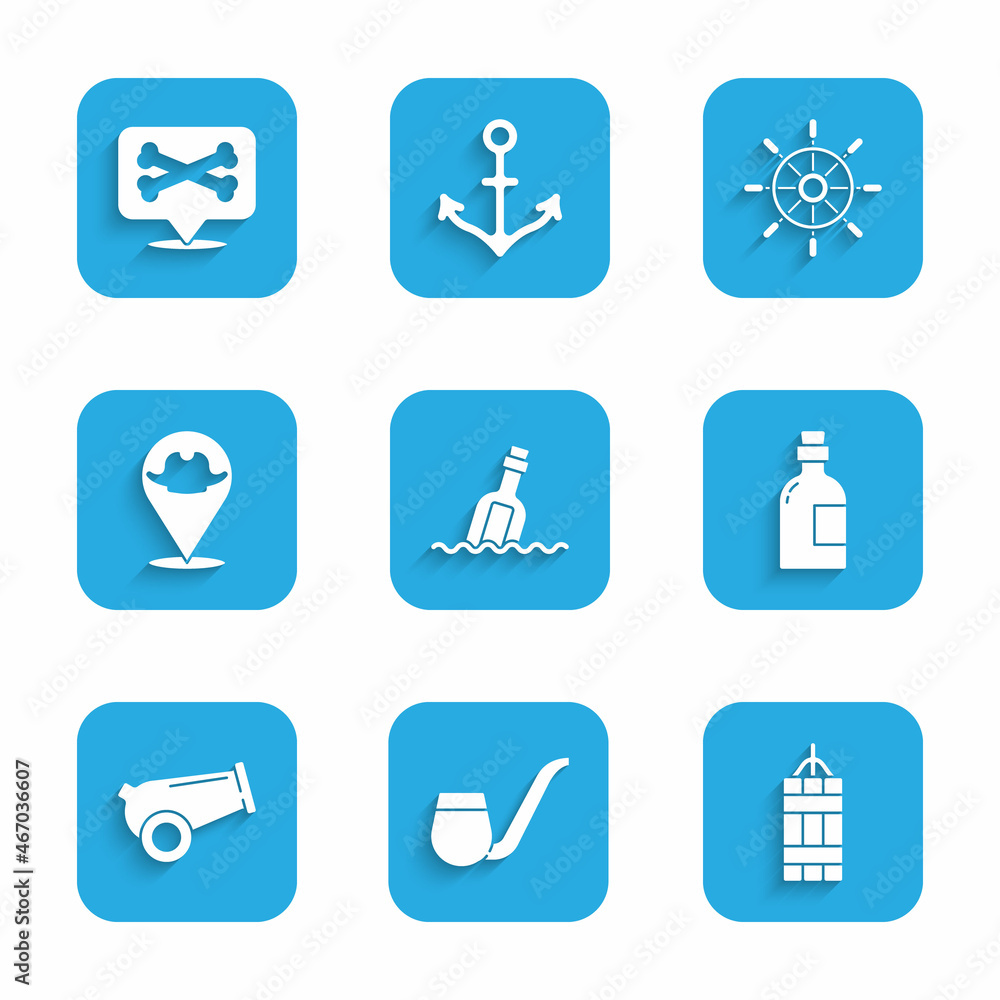 Set Bottle with message in water, Smoking pipe, Dynamite bomb, Alcohol drink Rum, Cannon, Location pirate, Ship steering wheel and icon. Vector Set Bottle with message in water, Smoking pipe, Dynamite bomb, Alcohol drink Rum, Cannon, Location pirate, Ship steering wheel and icon. Vector