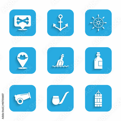 Set Bottle with message in water, Smoking pipe, Dynamite bomb, Alcohol drink Rum, Cannon, Location pirate, Ship steering wheel and icon. Vector