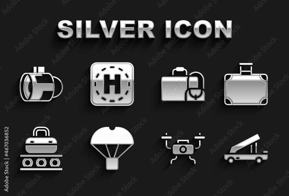 Set Box flying on parachute, Suitcase, Passenger ladder, Drone, Conveyor belt with suitcase, Jet engine turbine and Helicopter landing pad icon. Vector Set Box flying on parachute, Suitcase, Passenger ladder, Drone, Conveyor belt with suitcase, Jet engine turbine and Helicopter landing pad icon. Vector