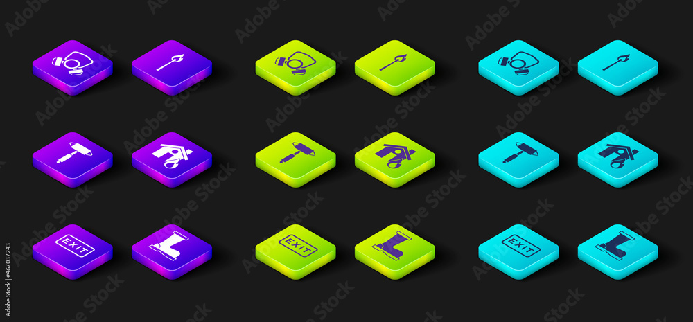 Set Fire exit, boots, Firefighter axe, in burning house, Burning match with fire and Gas mask icon. Vector Set Fire exit, boots, Firefighter axe, in burning house, Burning match with fire and Gas mask icon. Vector