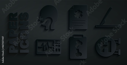 Set X-ray shots, Medical surgery scalpel, Monitor with cardiogram, Hospital signboard, Clinical record and Sore throat icon. Vector