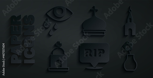 Set Speech bubble rip death, Church building, Old crypt, Flower vase, tower and Tear eye icon. Vector