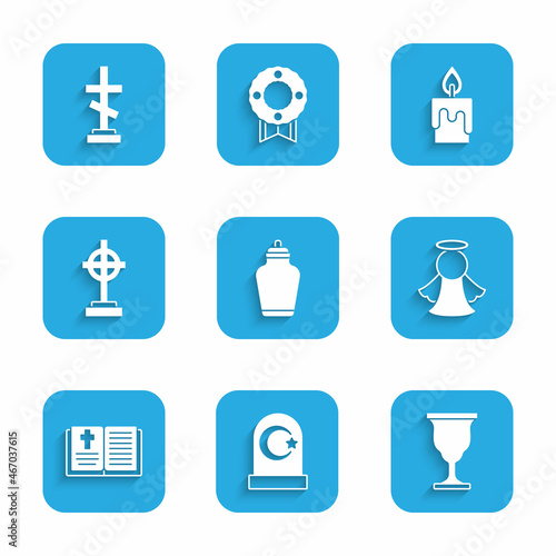 Set Funeral urn, Muslim cemetery, Christian chalice, Angel, Holy bible book, Grave with cross, Burning candle and icon. Vector