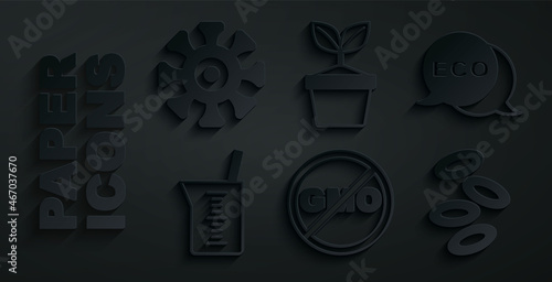 Set No GMO, Label for eco healthy food, Laboratory glassware beaker, Hemoglobin, Plant pot and Bacteria icon. Vector