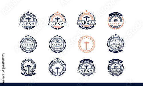 Set of Classic Vintage Retro Label Badge Ancient Greek Coin with Pillar Column, Laurel Wreath, Border Pattern Emblem Logo Design Template