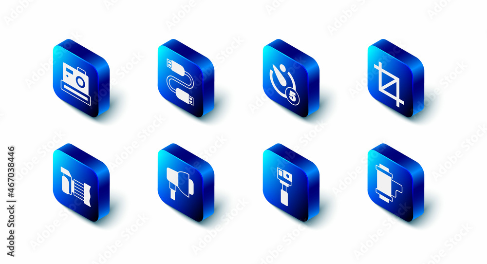 Set USB cable cord, Camera timer, Picture crop photo, roll cartridge, Action camera, Softbox light, Photo and icon. Vector Set USB cable cord, Camera timer, Picture crop photo, roll cartridge, Action camera, Softbox light, Photo and icon. Vector