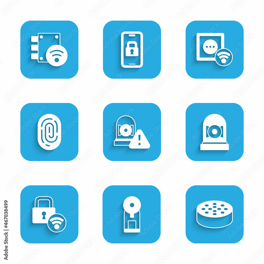 Set Ringing alarm bell, Smart coffee machine, Water sensor, Digital door lock, Fingerprint, electrical outlet and icon. Vector Set Ringing alarm bell, Smart coffee machine, Water sensor, Digital door lock, Fingerprint, electrical outlet and icon. Vector
