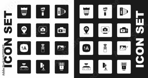 Set Photo camera, Camera photo lens, Action, retouching and Auto flash icon. Vector