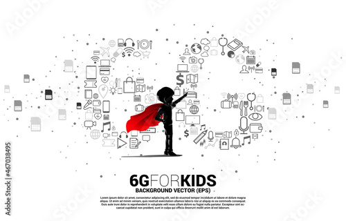 Silhouette of kid in superhero suit with 6G Data technology from online function icon. Concept for mobile telecommunication global network.