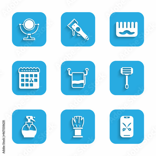 Set Towel on a hanger, Shaving brush, Barber online service or platform, razor, Hairdresser pistol spray bottle, Calendar with haircut day, Hairbrush and Round makeup mirror icon. Vector