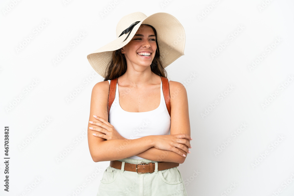 Young caucasian woman wearing a Pamela in summer holidays isolated on white background happy and smiling Young caucasian woman wearing a Pamela in summer holidays isolated on white background happy and smiling