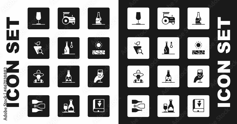 Set Bottle of wine, Wine temperature, Grapes, glass, Drought, Tractor, tasting, degustation and Farmer the hat icon. Vector Set Bottle of wine, Wine temperature, Grapes, glass, Drought, Tractor, tasting, degustation and Farmer the hat icon. Vector