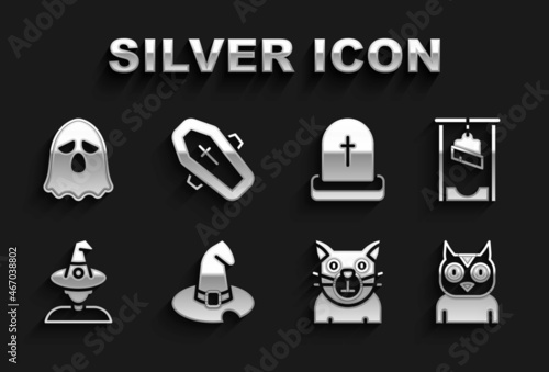 Set Witch hat, Guillotine, Owl bird, Cat, Tombstone with RIP written, Ghost and Coffin cross icon. Vector