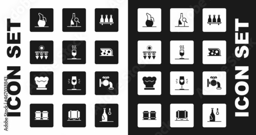 Set Bottle of wine, Wine tasting, degustation, Drying grapes, Decanter for, Cheese, Tap barrel and Chef hat icon. Vector